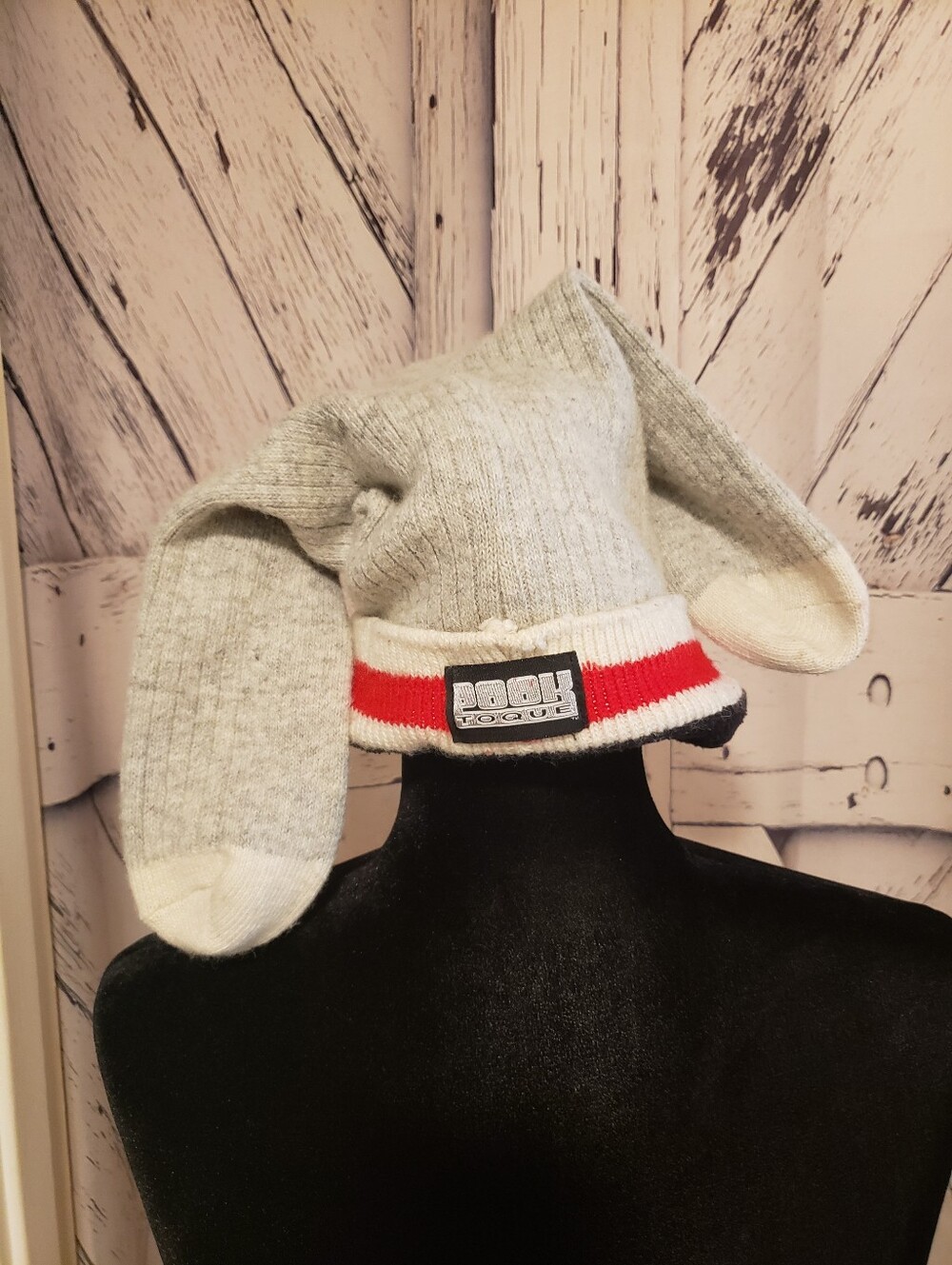 Unisex Pook Toque Gray Bunny Ear Knit Hat with Red Stripe Accent